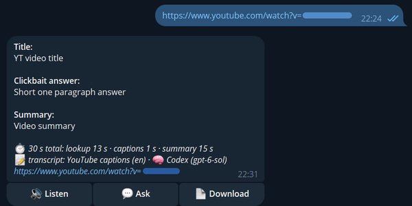 Bot reply with summary, timing and Listen, Ask and Download buttons